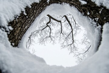 Wall Mural - A View Through a Snowy Tree Trunk Hole of Bare Tree Branches