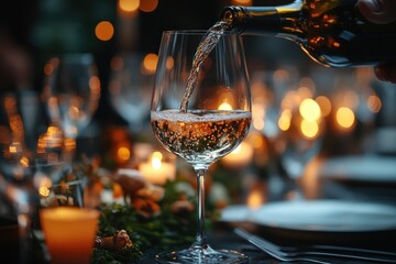 A hand pouring white wine into a glass at a candlelit dinner table.