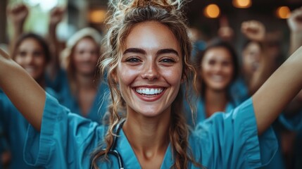 A group of happy female nurses celebrate with arms raised, a woman in the forefront smiles broadly.