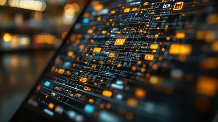 Close-up of a laptop screen with a complex digital interface, illuminated by warm lights in the background.