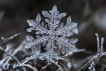 Sticker - A Single Snowflake Perched on a Frosted Branch