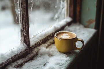 Canvas Print - A Yellow Mug of Latte Art on a Snowy Windowsill