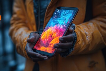 Poster - Close-up of a person's hands holding a smartphone with an abstract colorful design on the screen.