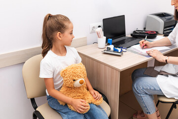 young patient, child 6-7 years old, doctor appointment, doctor consoles girl, professional support, health assessment, check up before school. high quality photo, white background, copy space