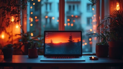 Wall Mural - A laptop computer sits on a desk in front of a window with string lights and plants. The laptop screen shows a scenic sunset.