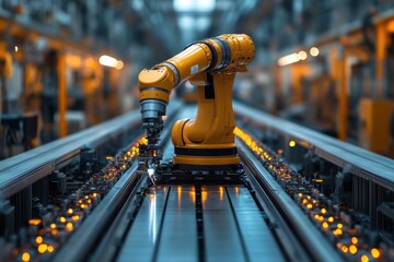 Sticker - A yellow robotic arm operates on a production line, welding metal parts in a factory.