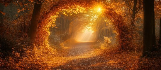 Poster - Sunbeams shining through an archway of golden leaves in a misty forest path.