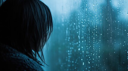Aufkleber - A lone person watches raindrops trickle down a window, surrounded by shades of blue and grey, evoking feelings of solitude and reflection. Generative AI