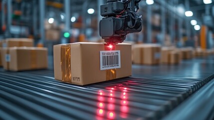 Sticker - A robotic arm with a camera scans a barcode on a cardboard box as it moves along a conveyor belt in a warehouse.