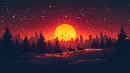 Poster - Two deer silhouetted against a fiery sunset over a cityscape with a starry sky.