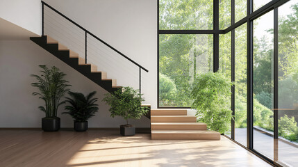 Minimalist staircase with light wood steps and black open railings, large windows allowing soft daylight to fill the space