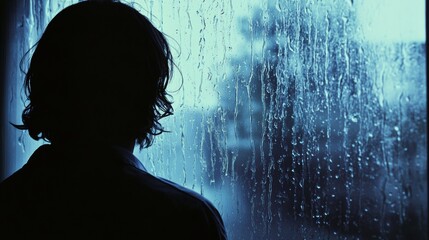 Aufkleber - A solitary person stands by a rain-slicked window, absorbed in introspection as raindrops cascade down the glass on a gloomy day. Generative AI