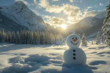 Sticker - A Snowman Smiles in a Snowy Mountain Valley at Sunset