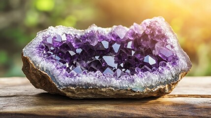 A beautiful amethyst geode cracked open, revealing deep purple crystals inside, displayed on a wooden table with natural lighting.