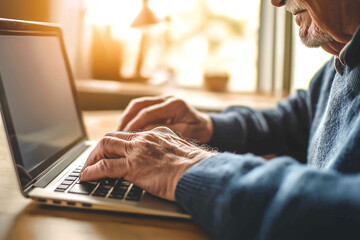 Closeup of Senior Mans Hands Typing on Laptop