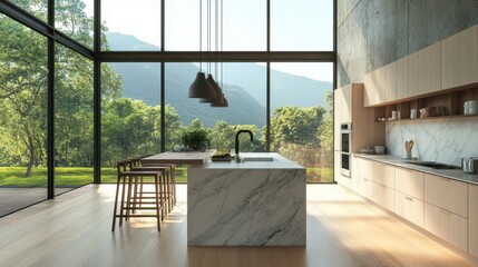 A bright, airy kitchen with floor-to-ceiling windows, a marble island, and pendant lights adding a contemporary touch.