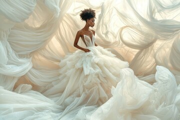 Wall Mural - Ethereal bridal portrait with flowing fabric and elegant gown