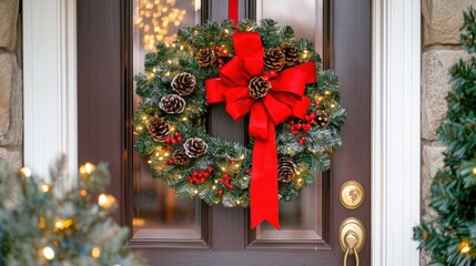 A Christmas wreath hanging on a front door, adorned with red ribbons, pinecones, and twinkling lights, creating a welcoming holiday atmosphere.