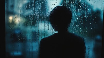 Aufkleber - Against a backdrop of rain-drenched glass, a lone figure contemplates life, lost in thought as droplets cascade down the pane. Generative AI