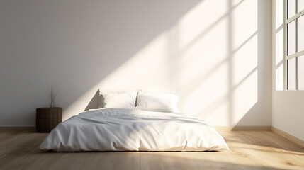 Wall Mural - Modern minimalist bedroom with clean white sheets, a single throw pillow, and light wood flooring