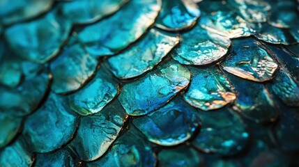 A close-up of a mackerel's iridescent skin, with intricate patterns and colors reflecting shades of blue, green, and silver.