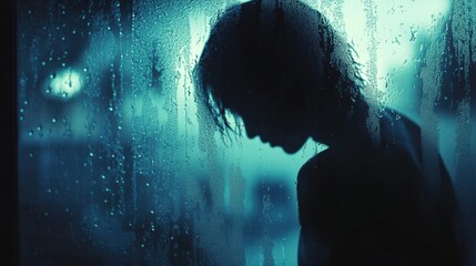 Aufkleber - A figure stands quietly by a rain-streaked window, immersed in introspection amid the soft blues and greys of twilight. Generative AI