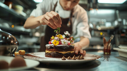 Wall Mural - A chef is decorating a cake with flowers