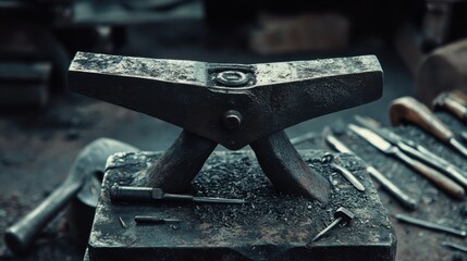 A close-up of an iron anvil with tools scattered around, highlighting the craftsmanship involved in metalworking.