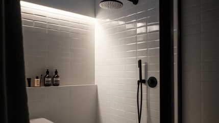 A contemporary bathroom with a rain shower, frameless glass, and matte black fixtures contrasting with white tiles.