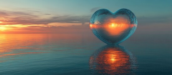 Wall Mural - Surreal 3D rendering of a heart shaped glass planet with a glowing gateway set against an ocean backdrop