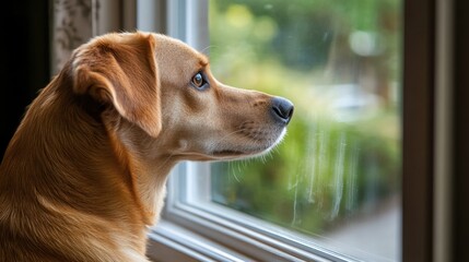 A dog looking out the window of a house, watching for its return, with a sense of anticipation.