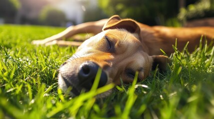 A dog lying in the grass on a sunny day, eyes half-closed, enjoying a moment of peaceful relaxation.