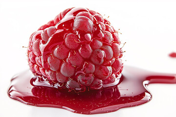 A photorealistic macro shot of single candied raspberry glistening with syrup, showcasing its vibrant red color and intricate details. image evokes sense of sweetness and indulgence