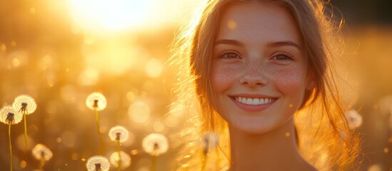 Sticker - Young woman with freckles smiling in a field of dandelions at sunset.