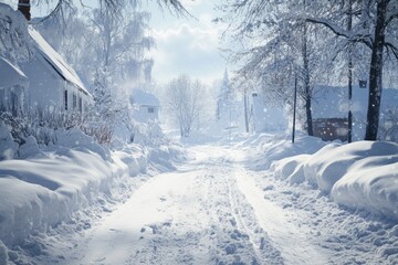 Sticker - Snowy Street with Houses and Trees in Winter