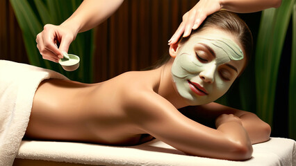 Beautiful young woman receiving professional beauty or skincare treatment with natural herbal clay mask at spa salon