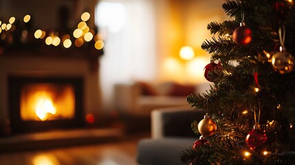 Cozy Christmas living room with a fireplace, Christmas tree, and festive lights.