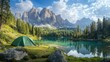 © 69 - Vibrant daytime setting featuring a green tent near a crystal-clear lake with majestic mountain peaks in the background.