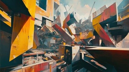 Canvas Print - Abstract Cityscape with Geometric Structures and Construction Workers