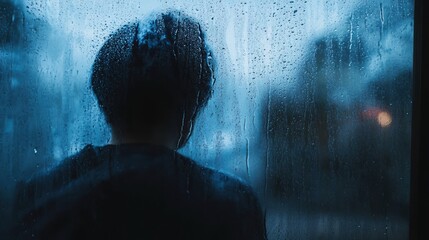 Aufkleber - A person stands alone by a window, reflecting on their thoughts as raindrops trickle down the glass, creating a melancholic atmosphere. Generative AI