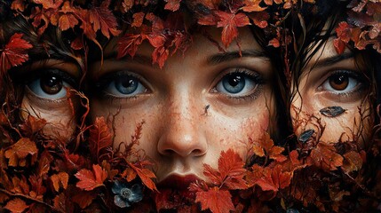 Poster - Three Faces Hidden in Autumn Leaves: A Mystical Portrait