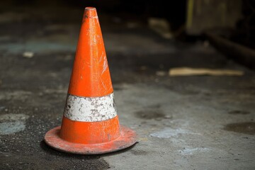 Wall Mural - A Worn Orange and White Traffic Cone on a Gray Pavement