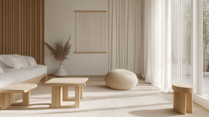 Wall Mural - Serene Scandinavian living room featuring light wood accents, soft white curtains, and a cozy, neutral-toned seating area