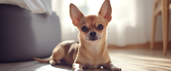 A cute brown chihuahua dog lying on a wooden floor, looking at the camera.