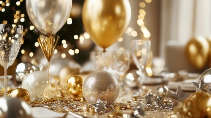 A New Eve party setup with shimmering decorations, including gold and silver balloons, a sparkling centerpiece, and confetti covering the table.