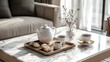 © sutus - A polished marble coffee table with a teapot, cups, and a tray of cookies, set in a cozy living room with natural wood accents.