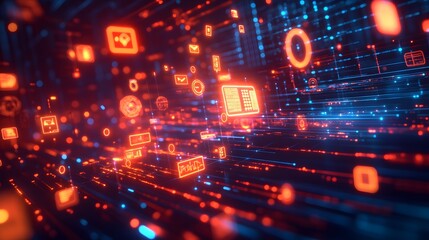 A visually striking depiction of a transaction being completed in a digital universe, with glowing payment icons and data flows