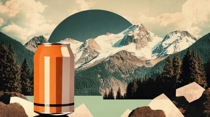 A vibrant, stylized graphic featuring a can in a mountainous landscape, merging nature with modern product design.