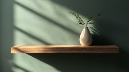 Wall Mural - Single light wooden floating shelf on a matte green wall, holding a small modern vase with clean lines and soft lighting