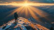 © elimicel - A hiker admires a stunning sunrise over a mountain landscape, highlighting nature's beauty.